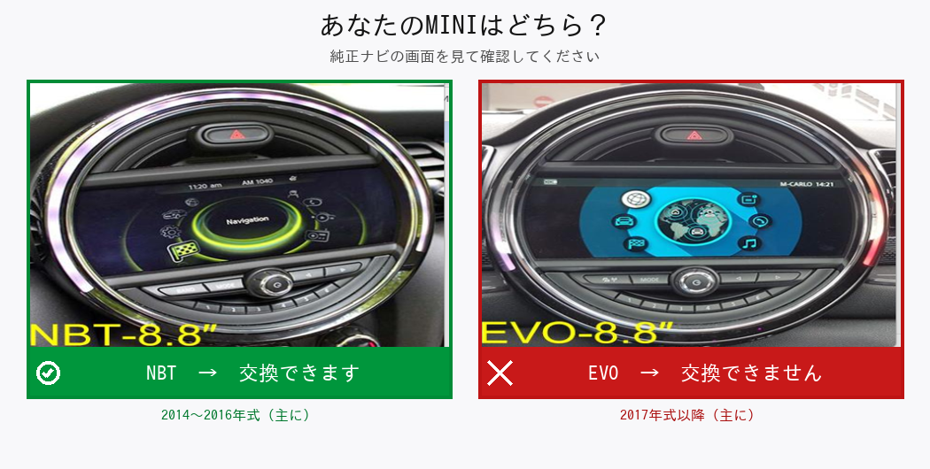 MINIクーパー NBT-8.8インチ（交換できます）とEVO-8.8インチ（交換できません）の左右比較