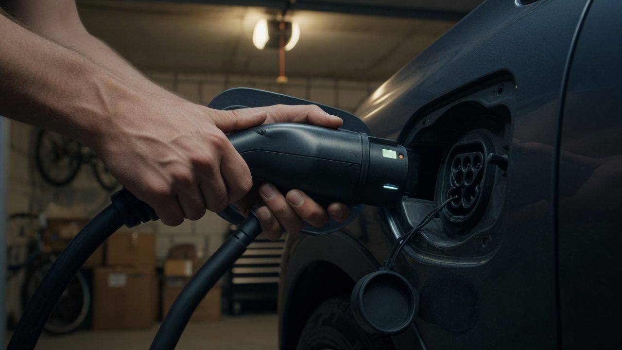 夜のガレージで電気自動車の充電コネクタを充電口に挿し込む手元（イメージ）