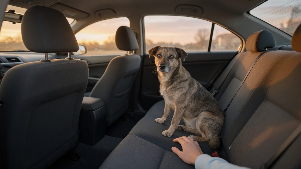 車の後部座席で飼い主のそばに落ち着いて座る犬（イメージ）