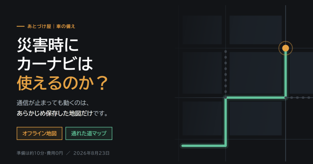 災害時にカーナビは使えるのか。オフライン地図と通れた道マップの備え方を伝えるアイキャッチ画像。